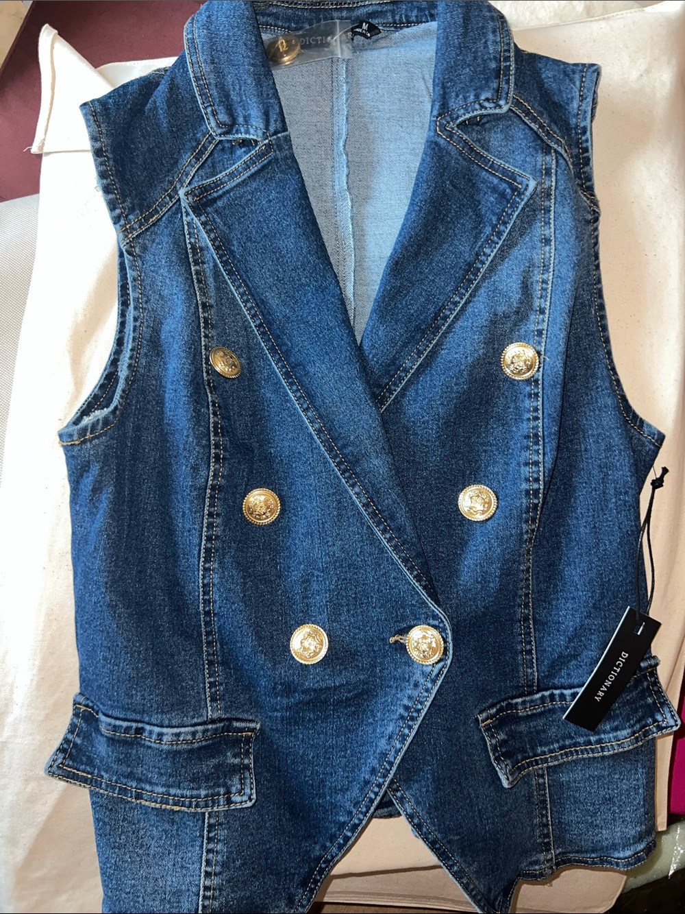 Double-Breasted Blue Denim Vest with Gold Buttons